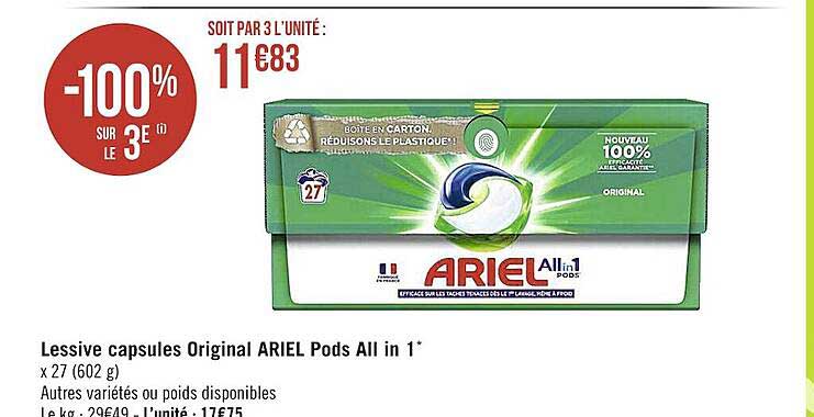 lessive capsules original ariel pods all in 1 -100% sur le 3e