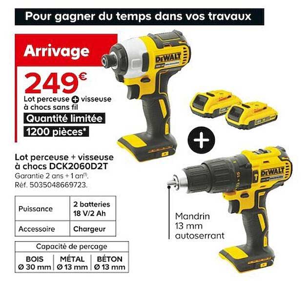 Lot Perceuse + Visseuse à Chocs Dck2060d2t Dewalt