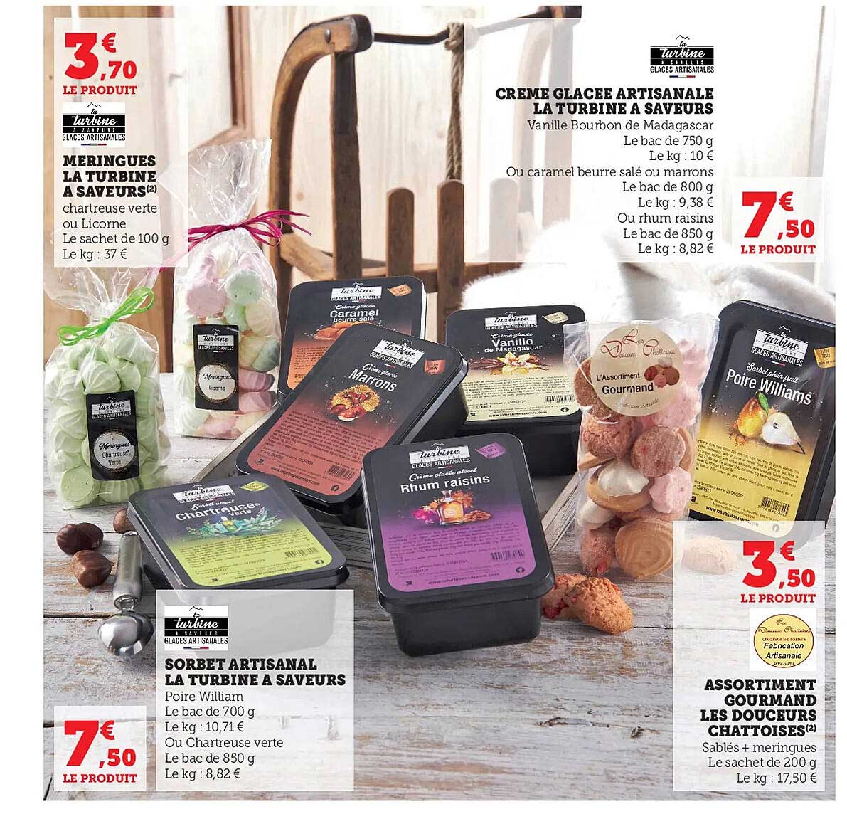 meringues la turbine à saveurs, sorbet artisanal la turbine à saveurs, crème glacée artisanale la turbine à saveurs, assortiment gourmand les douceurs chattoises