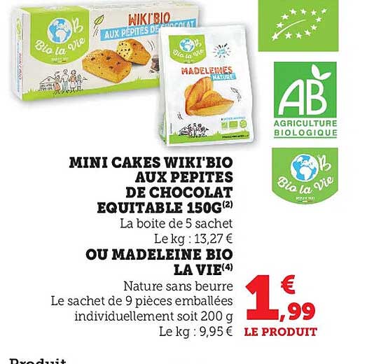 mini cakes wiki-bio aux pépites de chocolat équitable 150g ou madeleine bio la vie