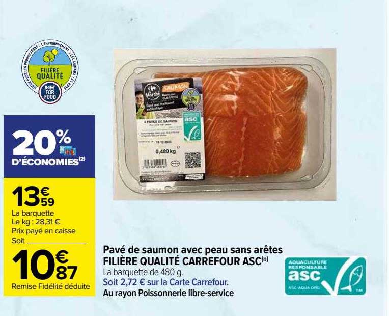 pavé de saumon avec peau sans arêtes filière qualité carrefour asc