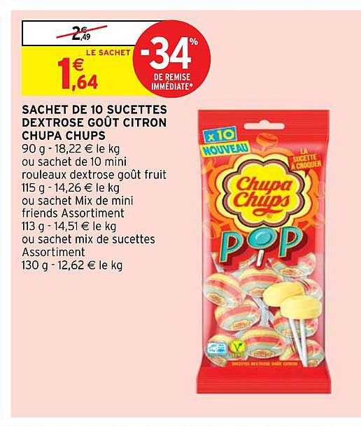sachet de 10 sucettes dextrose goût citron chupa chups