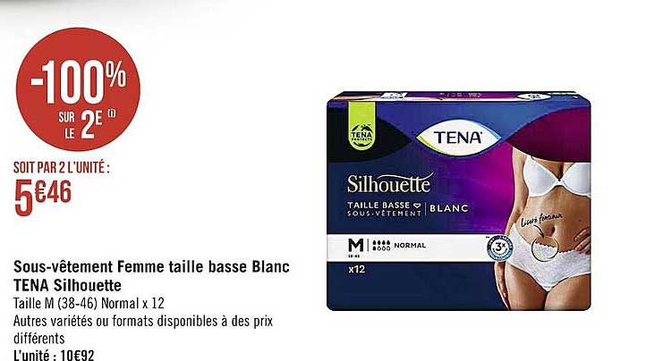 sous-vêtement femme taille basse blanc tena silhouette -100% sur le 2e