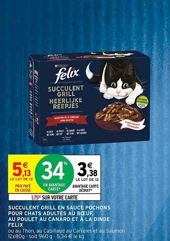 Succulent Grill En Sauce Pochons Pour Chats Adultes Au Bœuf, Au Poulet Et Au Canard Et à La Dinde Felix