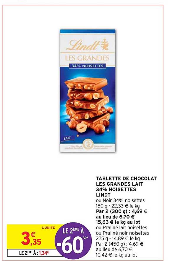 tablette de chocolat les grandes lait 34% noisettes lindt
