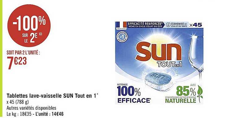 tablettes lave-vaisselle sun tout en 1 -100% sur le 2e