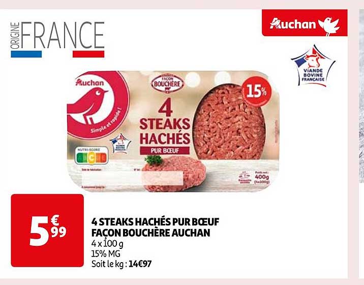 4 steaks hachés pur bœuf façon bouchère auchan