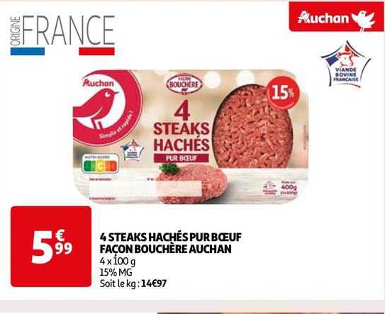 4 steaks hachés pur bœuf façon bouchère auchan
