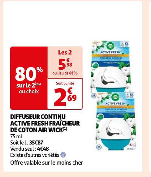 diffuseur continu active fresh fraîcheur de coton air wick