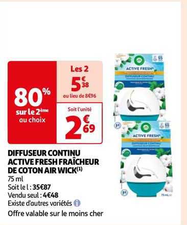 diffuseur continu active fresh fraîcheur de coton air wick