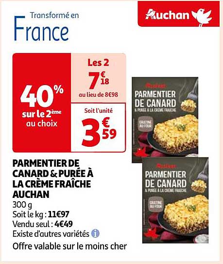 Parmentier De Canard & Purée à La Crème Fraîche Auchan