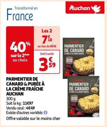 Parmentier De Canard & Purée à La Crème Fraîche Auchan