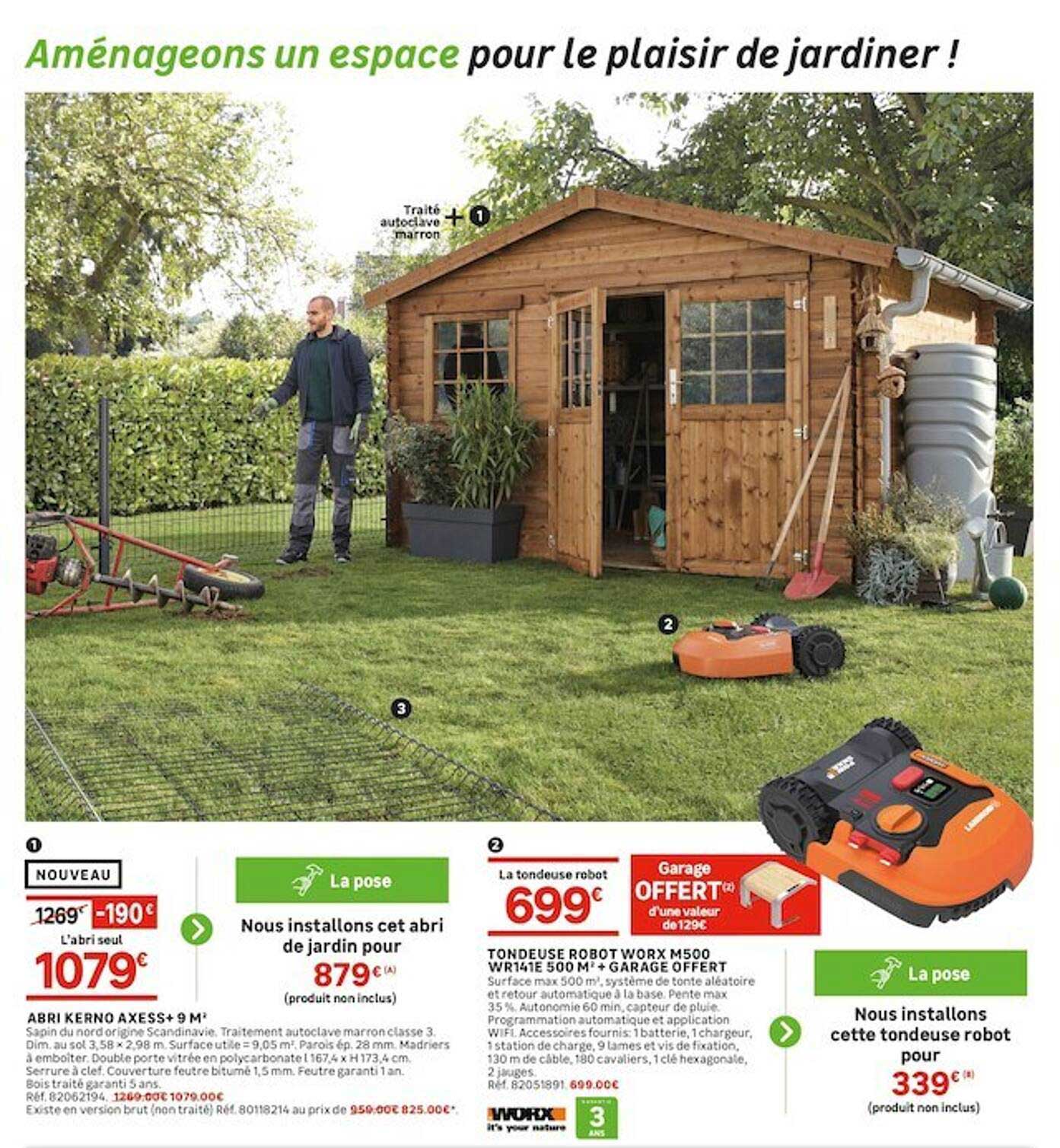 Abri Kerno Axess+ 9m2, Tondeuse Robot Worx M500 Wr 141e 500m2 + Garage Offert