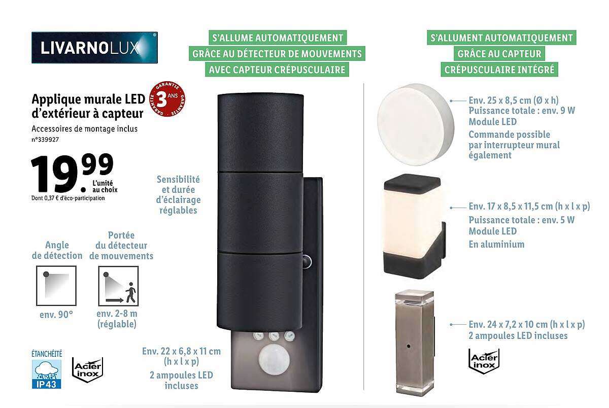Applique Murale Led D'extérieur à Capteur Livarnolux