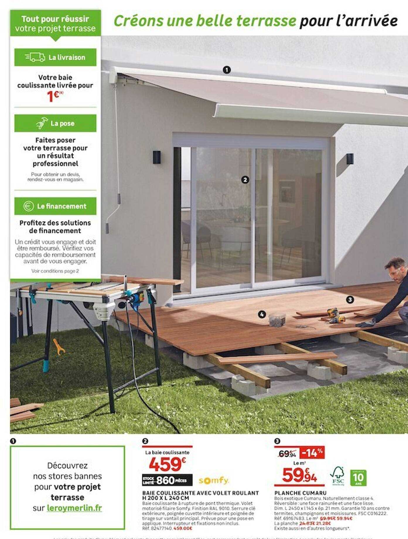 baie coulissante avec volant roulant h200 x l240 cm, planche cumaru