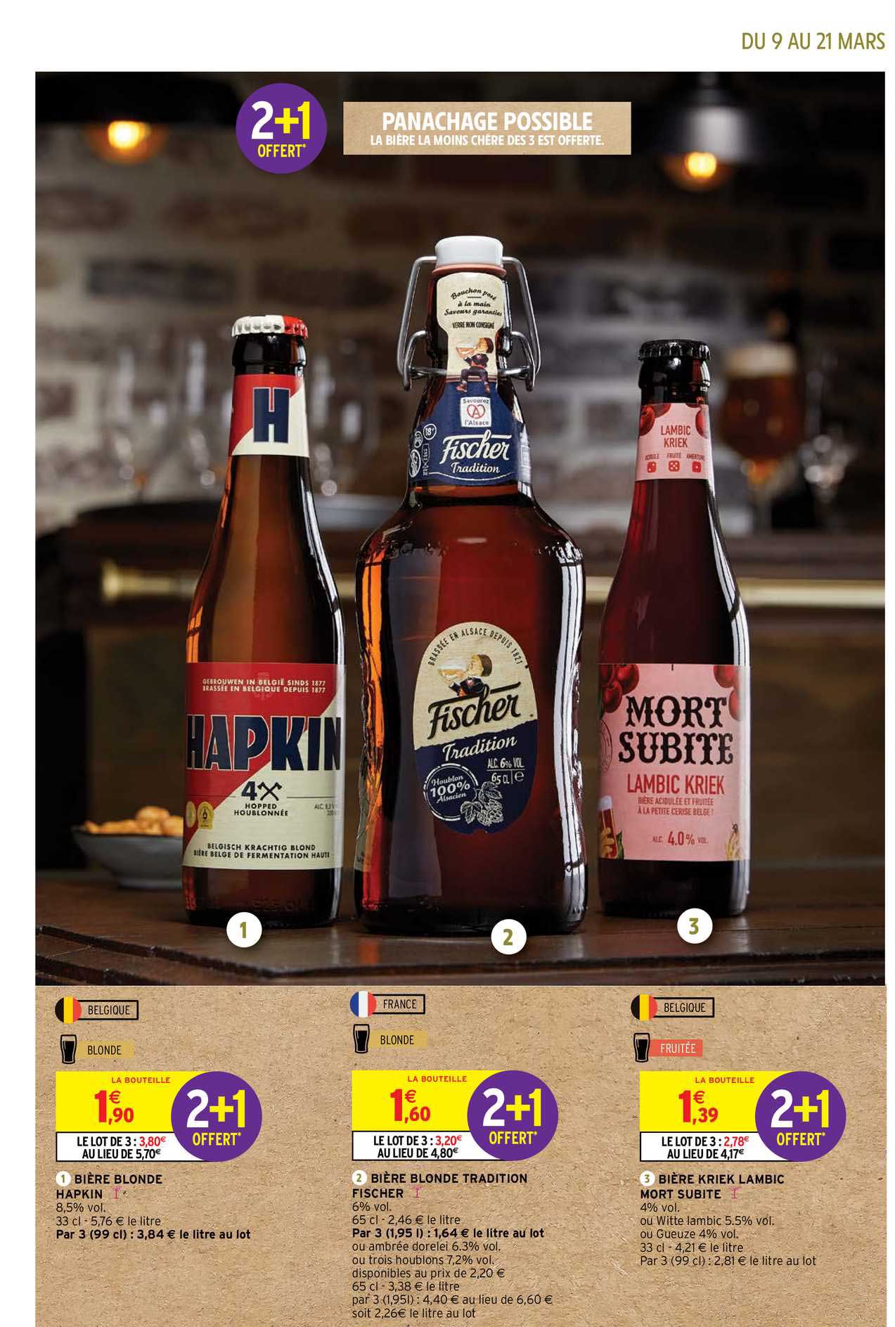 bière blonde hapkin, bière blonde tradition fischer, bière kriek lambic mort subite