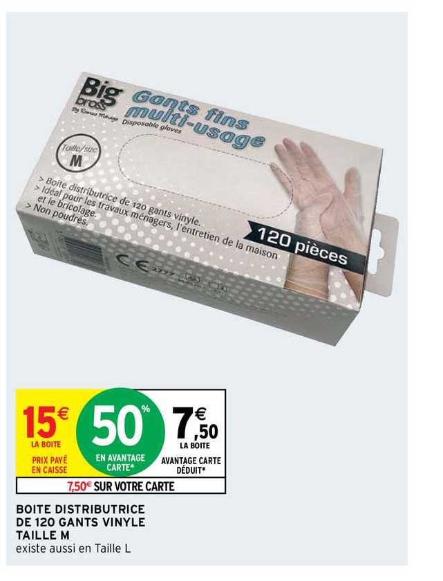 boîte distributrice de 120 gants vinyle taille m