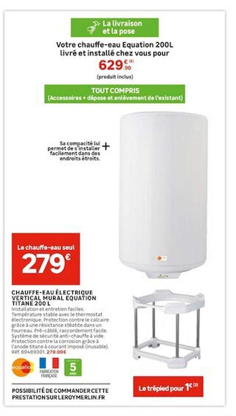 chauffe-eau électrique vertical mural equation titane 200 l