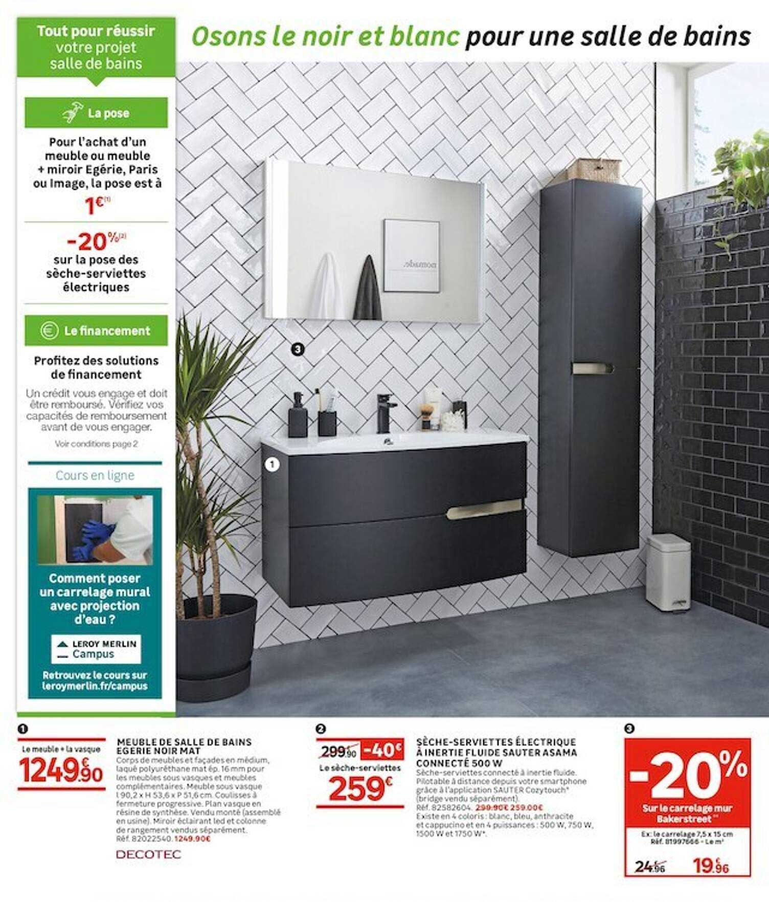 meuble de salle de bains egerie noir mat, sèche-serviettes électrique à inertie fluide sauter asama connecté