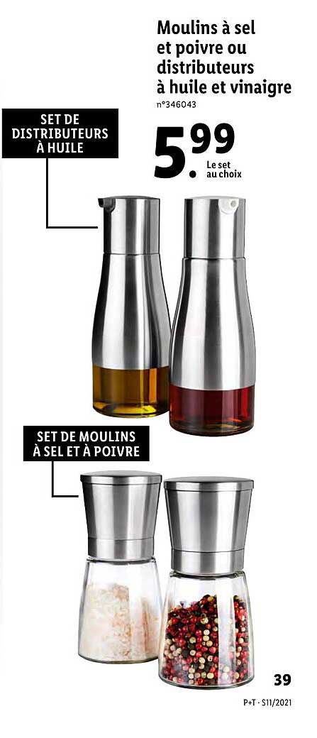 moulins à sel et poivre ou distributeurs à huile et vinaigre