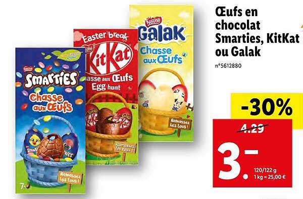oeufs en chocolat smarties, kitkat ou galak nestlé