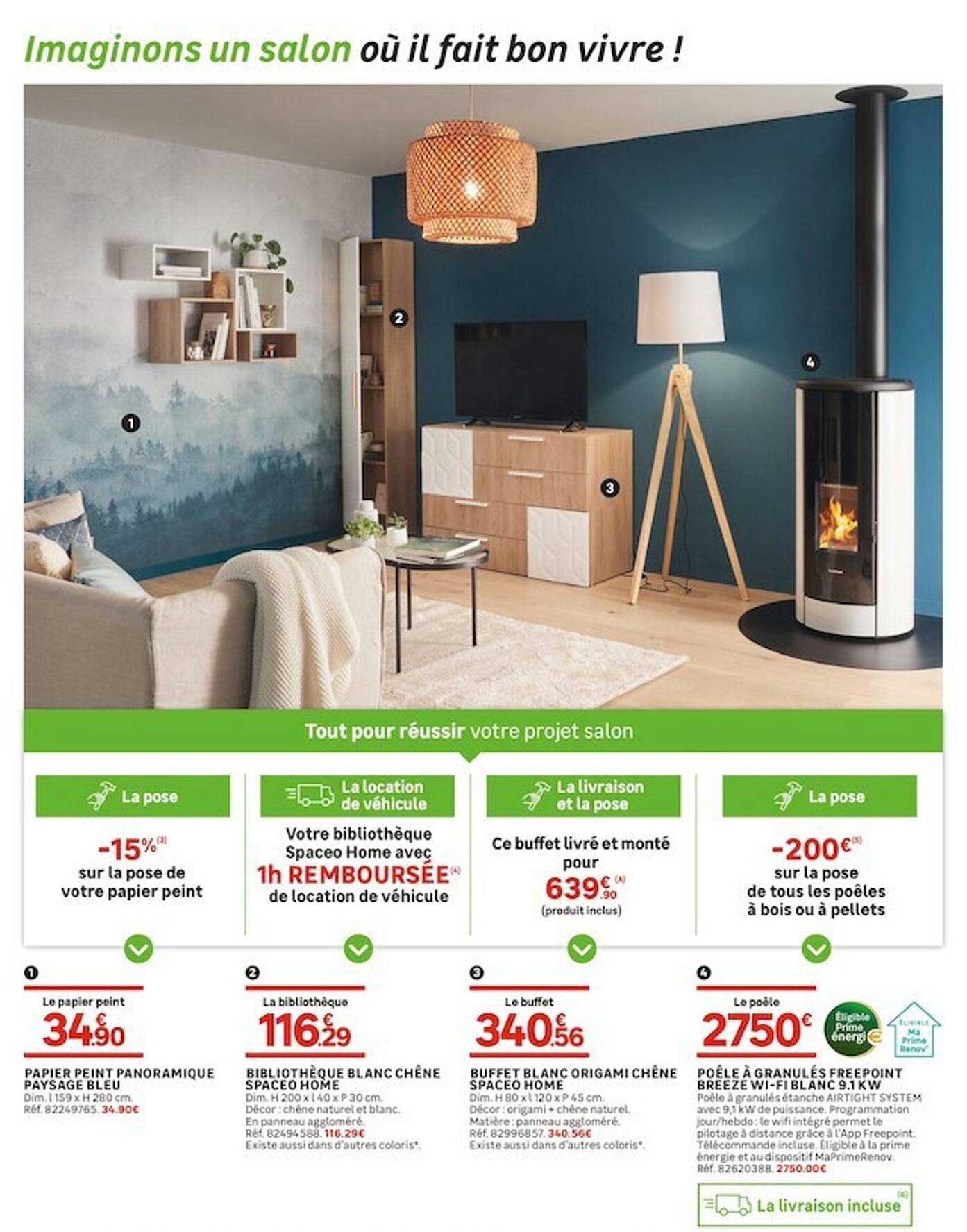 papier paint panoramique paysage bleu, bibliothèque blanc-chêne spacéo home, buffet blanc origami, poêle à granulés free point breeze wi-fi blanc