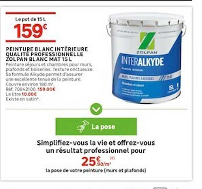 peinture blanc intérieure qualité professionnelle zolpan blanc mat 15l