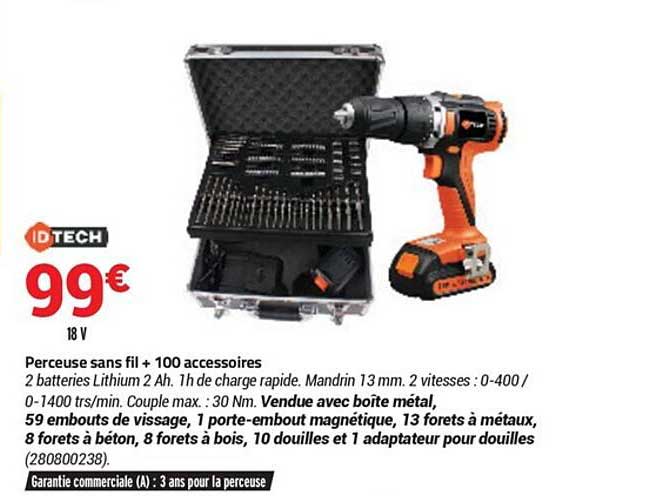 Perceuse Sans Fil + 100 Accessoires Idtech