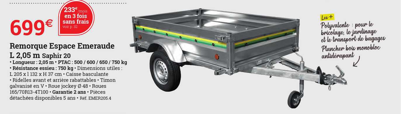 remorque espace emeraude l 2,05 m saphir 50