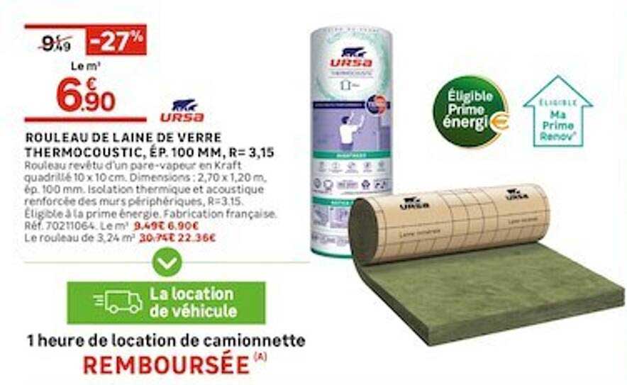 rouleau de laine de verre thermocoustic, ép. 100mm, r=3,15 ursa