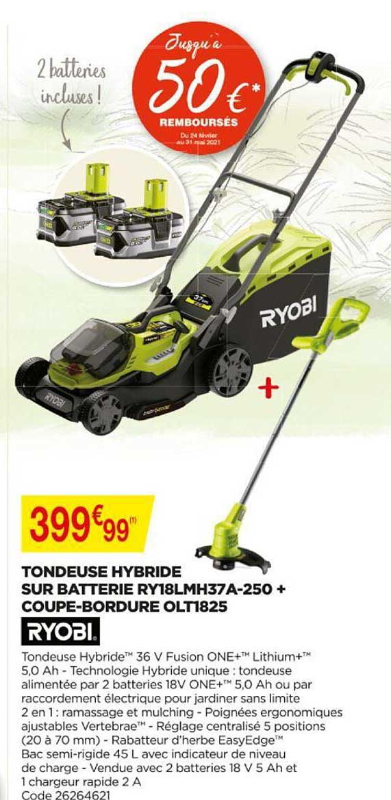 tondeuse hybride sur batterie ry18lmh37a-250 + coupe-bordure olt1825 ryobi