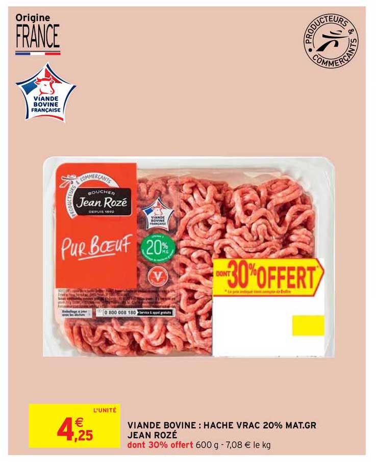 viande bovine : haché vrac 20% mat.gr. jean rozé
