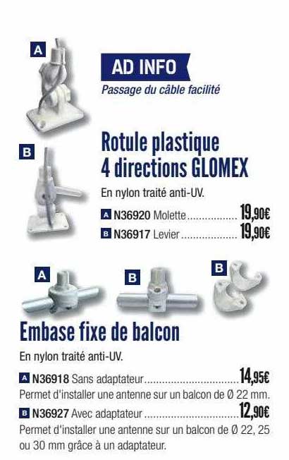 embase fixe de balcon ou rotule plastique 4 directions glomex