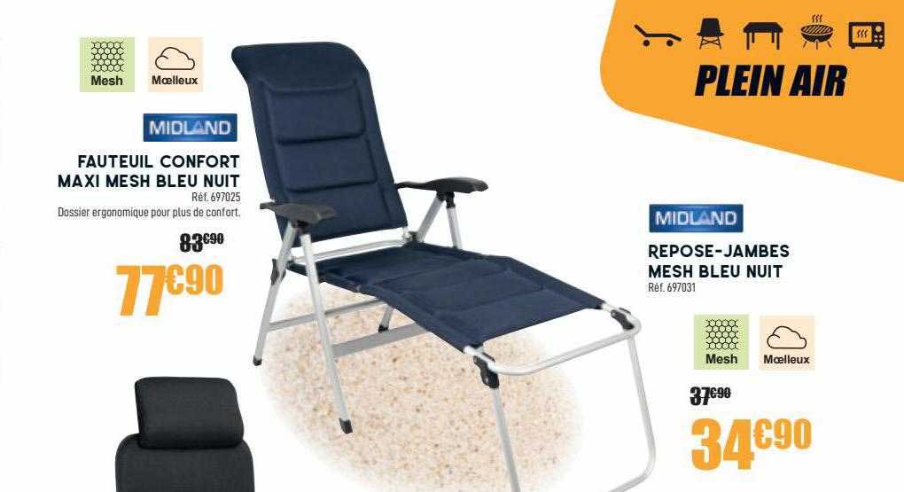 midland fauteuil confort maxi mesh bleu nuit ou repose-jambes mesh bleu nuit