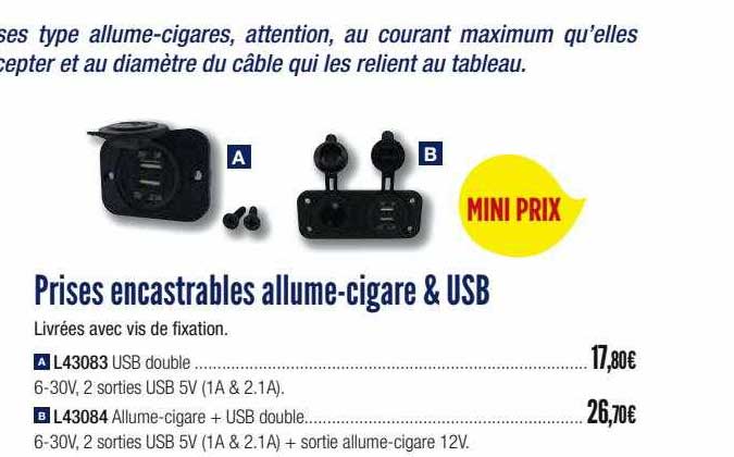 prises encastrables allume-cigare & usb