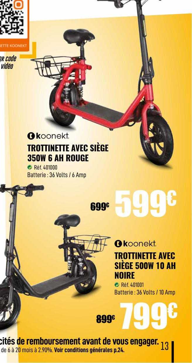 trottinette avec siège 350w 6 ah rouge koonekt, trottinette avec siège 500w 10 ah noire koonekt