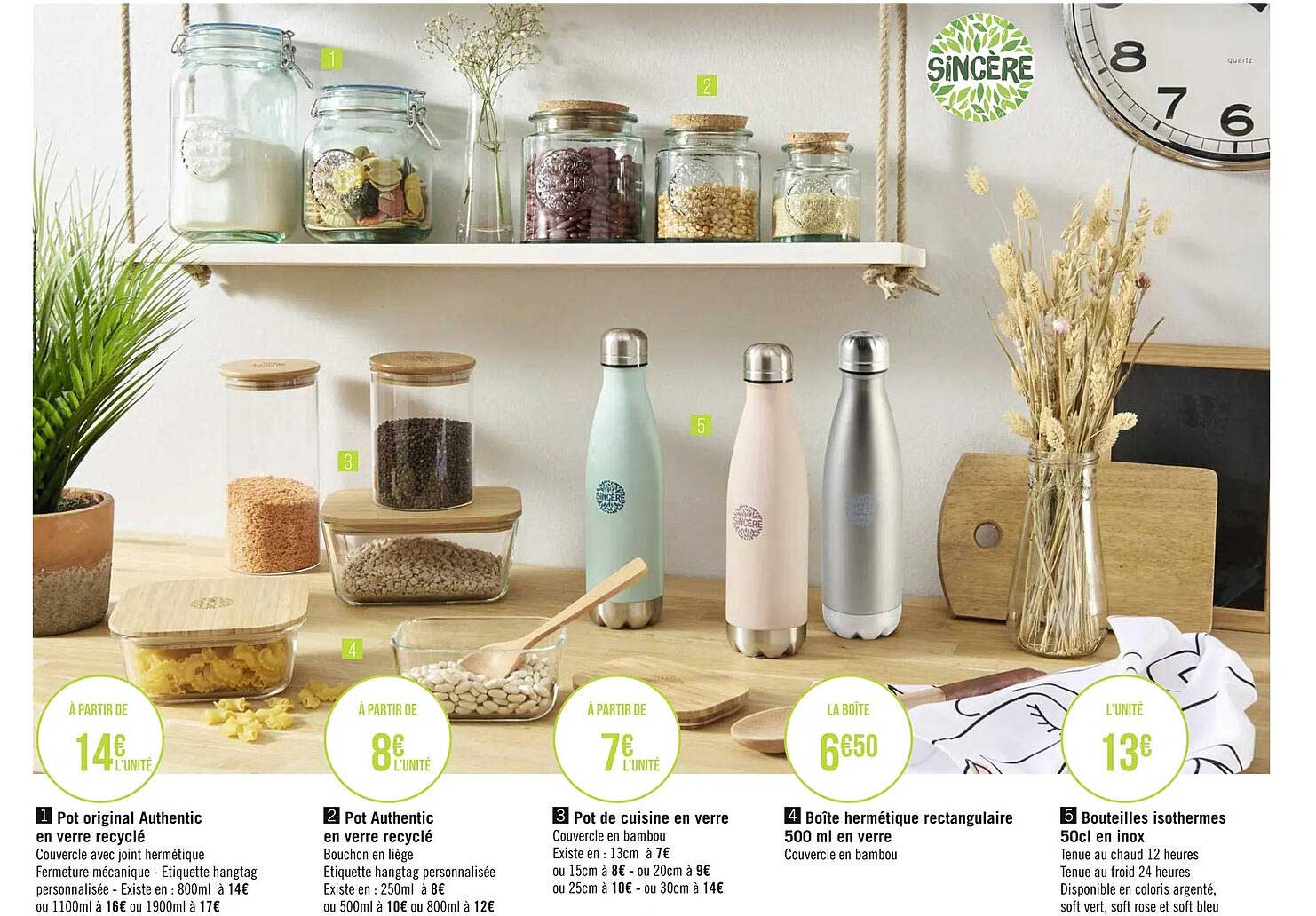 pot original authentic en verre recyclé, pot authentic en verre recyclé, pot de cuisine en verre, boîte hermétique rectangulaire 500ml en verre, bouteilles isothermes 50cl en inox