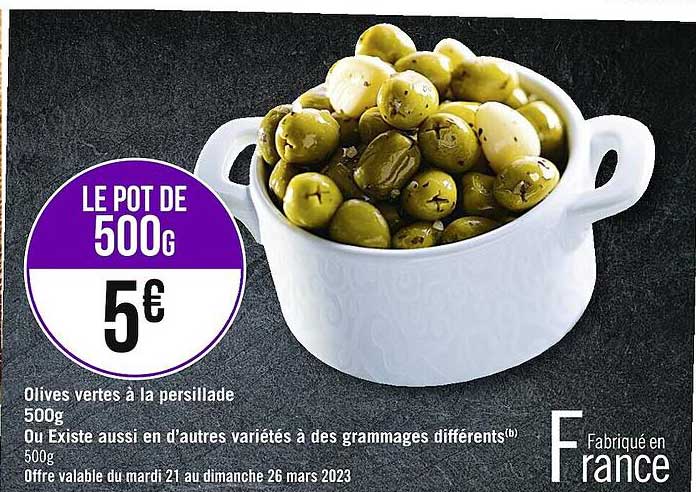 olives vertes à la persillade ou existe aussi en d'autres variétés à des grammages différents