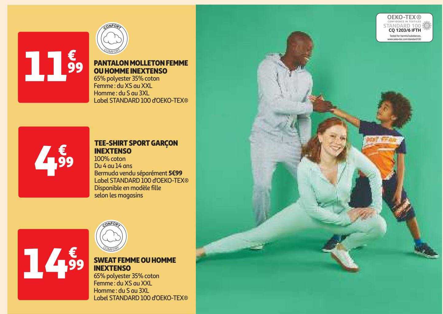 pantalon molleton femme ou homme inextenso, tee-shirt sport garçon inextenso, sweat femme ou homme inextenso