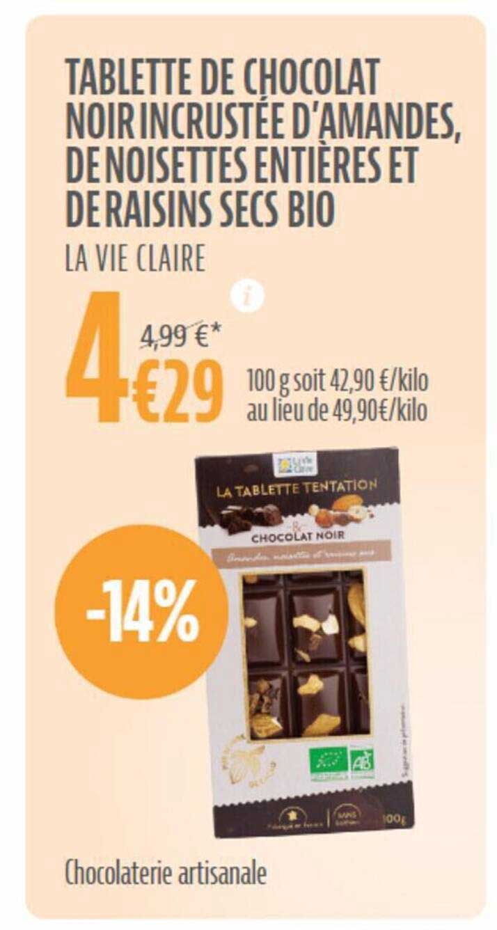tablette de chocolat noir incrustée d'amandes, de noisettes entières et de raisins secs bio la vie claire