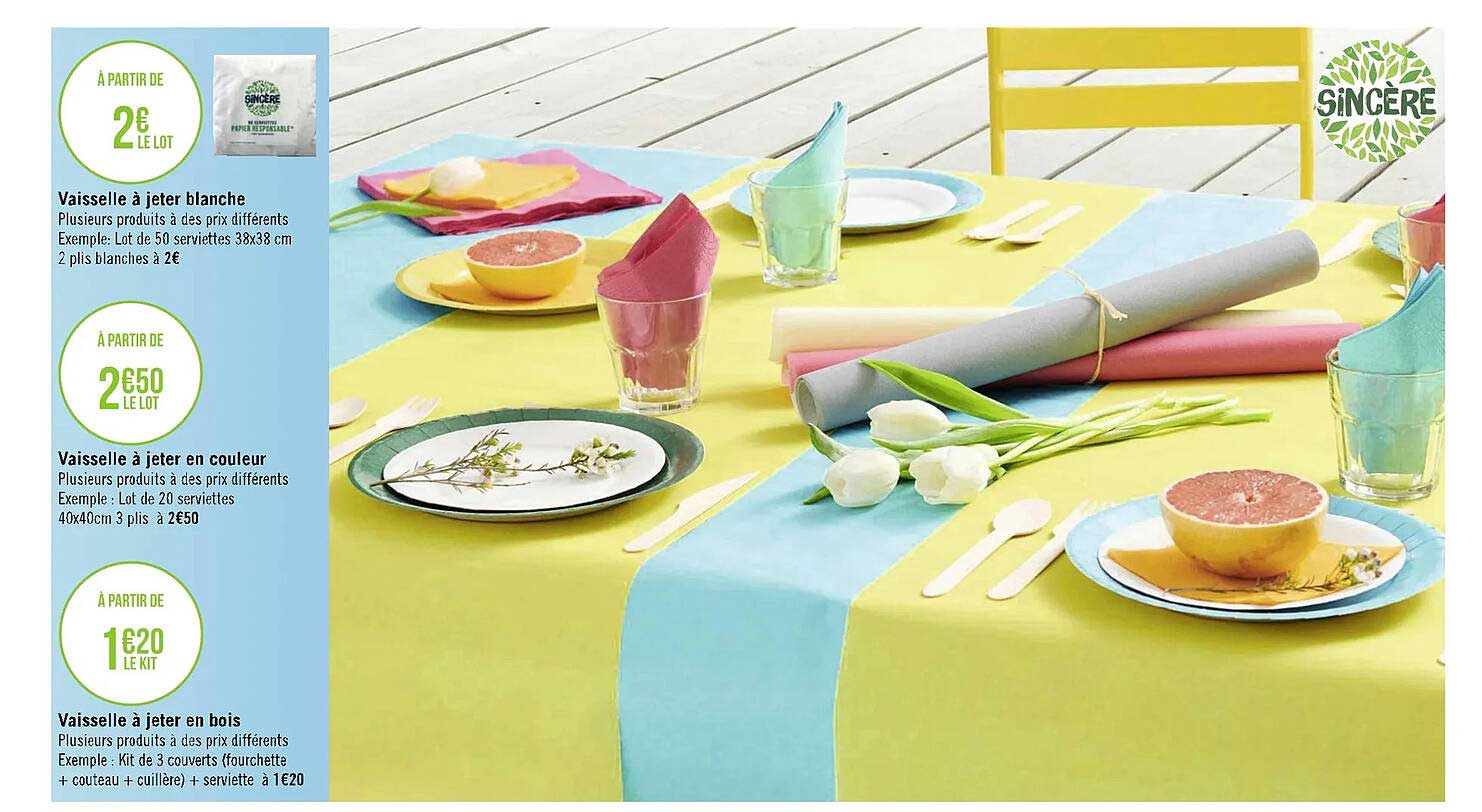 vaisselle à jeter blanche sincère, vaisselle à jeter en couleur sincère, vaisselle à jeter en bois sincère