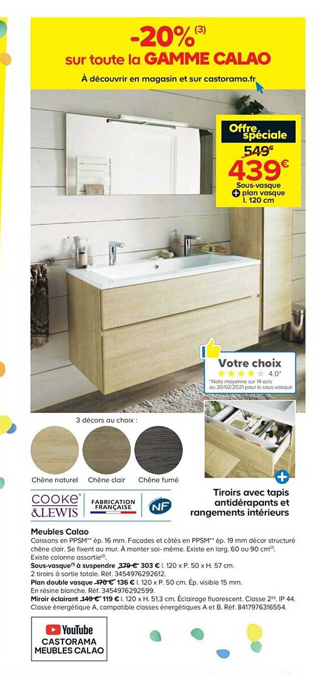 meubles calao, sous-vasque à suspendre, plan double vasque, miroir éclairant