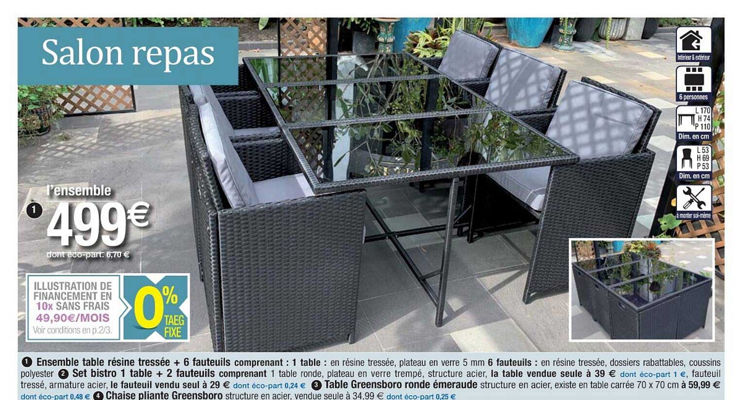 ensemble table résine tressée + 6 fauteuils, set bistro 1 table + 2 fauteuils, table greensboro ronde émeraude, chaise pliante greensboro