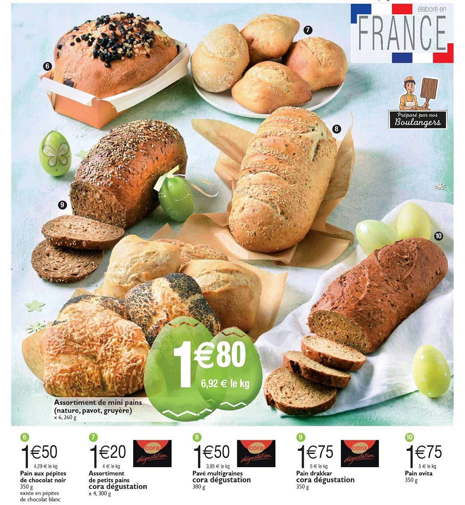 pain aux pépites de chocolat noir, assortiment de petits pains cora dégustation, pavé multigrains cora dégustation, pain cuits