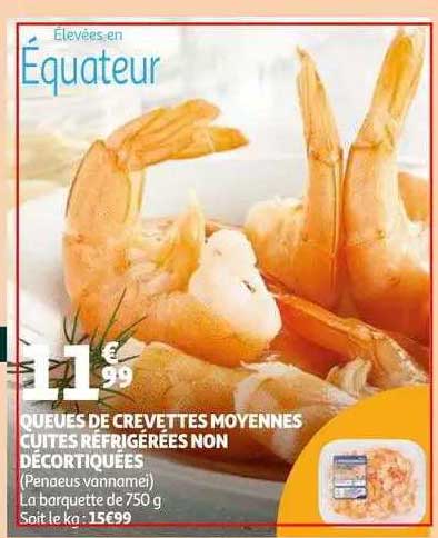 queues de crevettes moyennes cuites réfrigérées non décortiquées