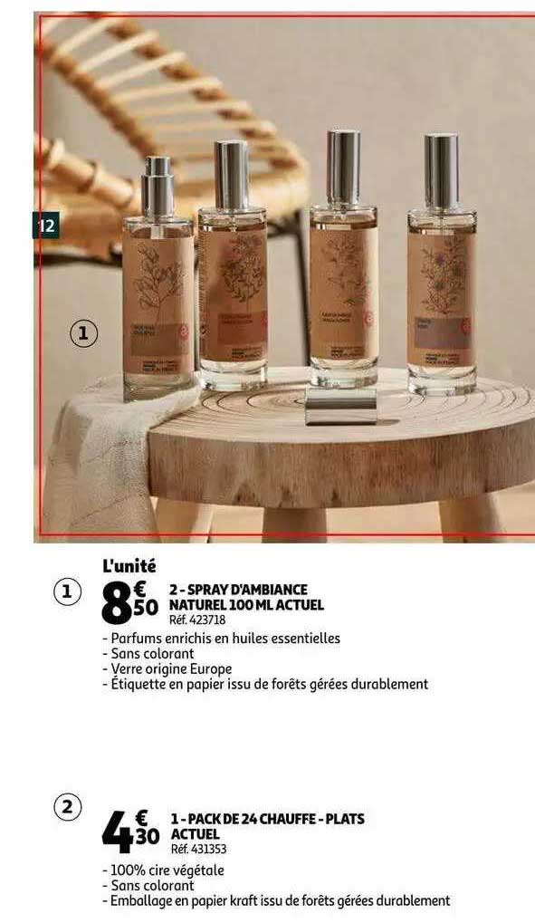 spray d'ambiance naturel 100 ml acutel, pack de 24 chauffe-plats actuel