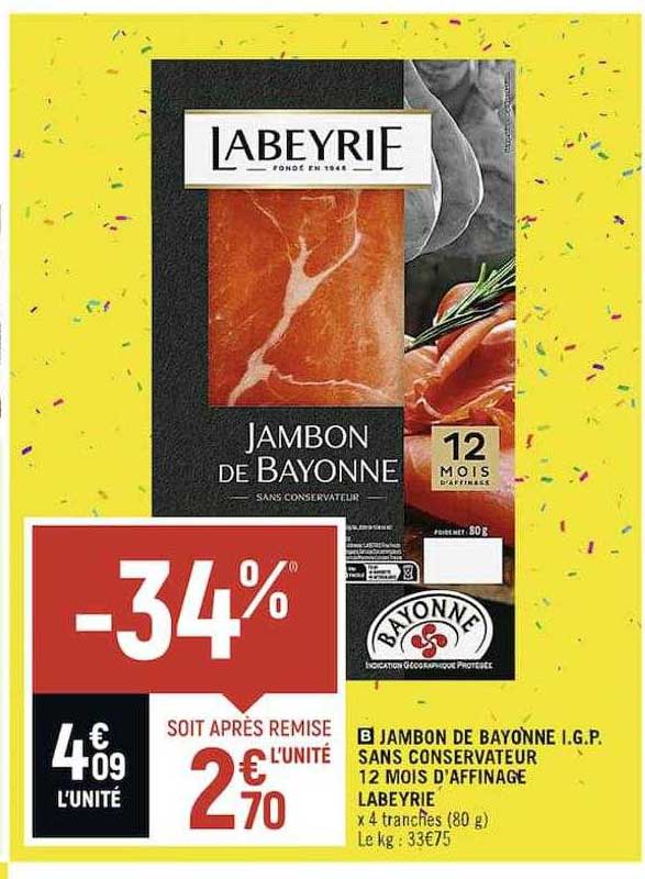 jambon de bayonne i.g.p. sans conservateur 12 mois d'affinage labeyrie