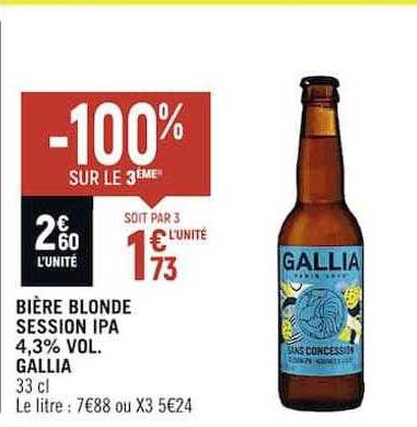 bière blonde session ipa 4.3% vol. gallia -100% sur le 3ème
