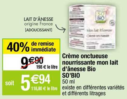 crème onctueuse nourrissante mon lait d'ânesse bio so'bio