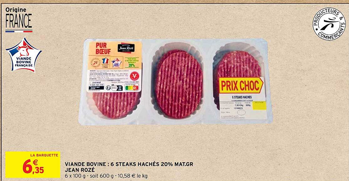 viande bovine : 6 steaks hachés 20% mat.gr. jean rozé